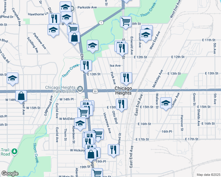 map of restaurants, bars, coffee shops, grocery stores, and more near 69 East Lincoln Highway in Chicago Heights