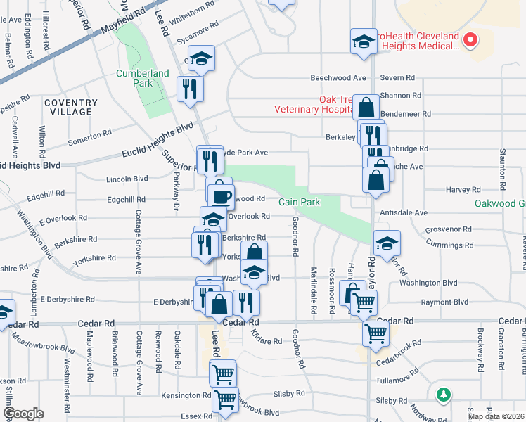 map of restaurants, bars, coffee shops, grocery stores, and more near 3277 E Overlook Rd in Cleveland Heights