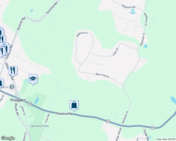 map of restaurants, bars, coffee shops, grocery stores, and more near 26 Blue Trail Drive in Prospect