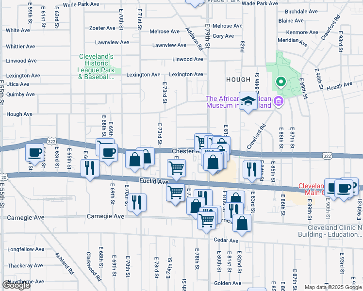 map of restaurants, bars, coffee shops, grocery stores, and more near 1915 East 75th Street in Cleveland