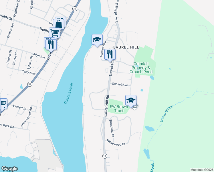 map of restaurants, bars, coffee shops, grocery stores, and more near 495 Laurel Hill Road in Norwich