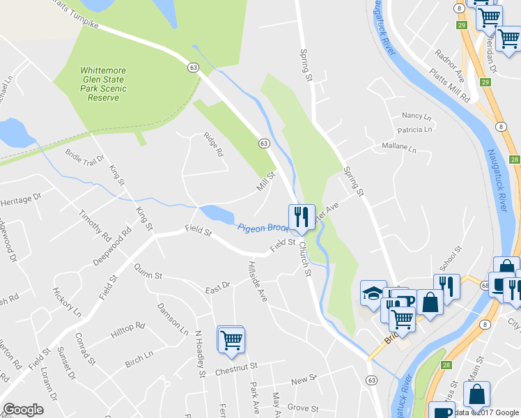 map of restaurants, bars, coffee shops, grocery stores, and more near 60 Silver Ridge Lane in Naugatuck