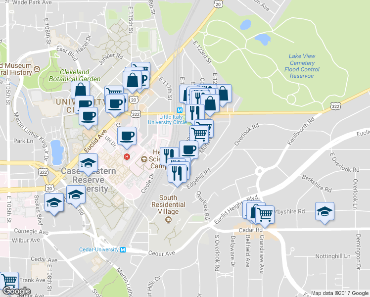 map of restaurants, bars, coffee shops, grocery stores, and more near 2085 Random Road in Cleveland