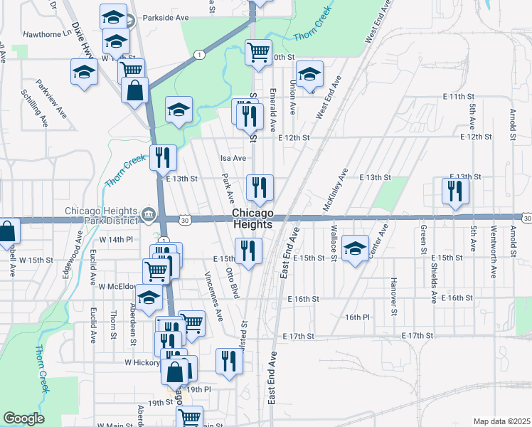 map of restaurants, bars, coffee shops, grocery stores, and more near 107 East Lincoln Highway in Chicago Heights