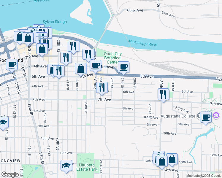 map of restaurants, bars, coffee shops, grocery stores, and more near 550 26th Street in Rock Island