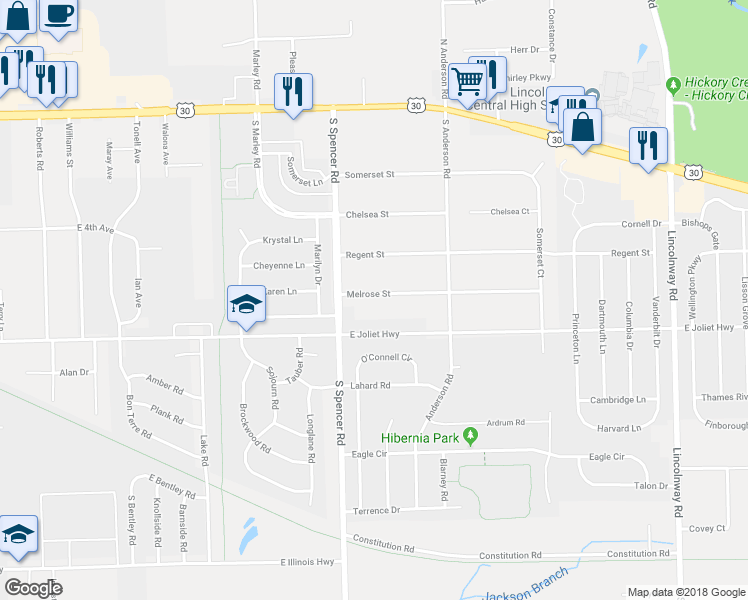 map of restaurants, bars, coffee shops, grocery stores, and more near 814 Melrose Street in New Lenox
