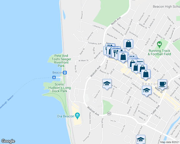 map of restaurants, bars, coffee shops, grocery stores, and more near 1113 Wolcott Avenue in Beacon