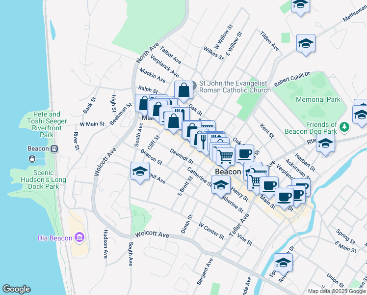map of restaurants, bars, coffee shops, grocery stores, and more near 1-9 South Elm Street in Beacon