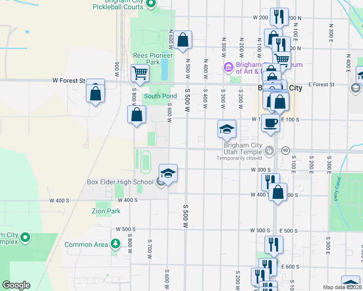 map of restaurants, bars, coffee shops, grocery stores, and more near 196 South 500 West in Brigham City
