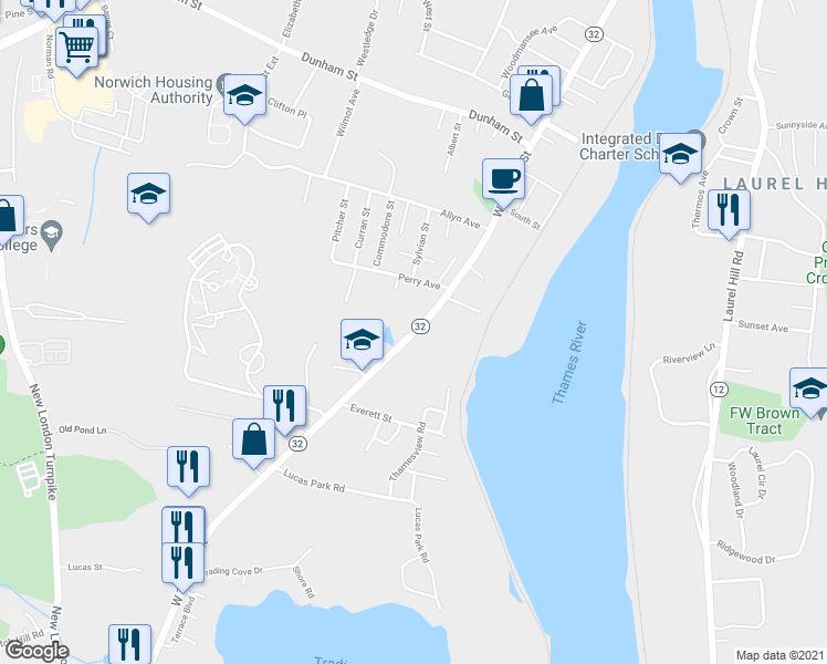 map of restaurants, bars, coffee shops, grocery stores, and more near 449 West Thames Street in Norwich