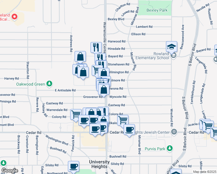 map of restaurants, bars, coffee shops, grocery stores, and more near 4013 Verona Road in South Euclid