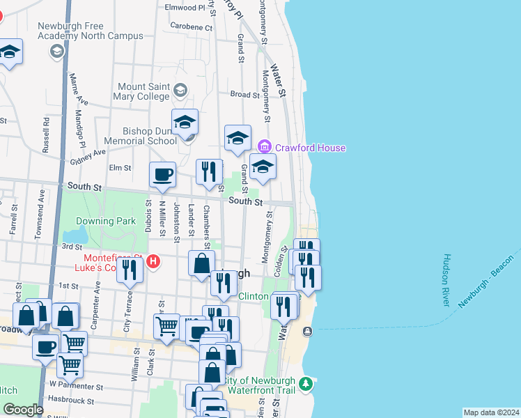 map of restaurants, bars, coffee shops, grocery stores, and more near 85 South Street in Newburgh