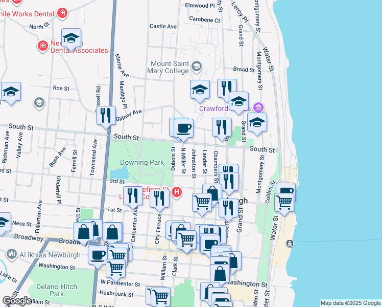 map of restaurants, bars, coffee shops, grocery stores, and more near 162 Johnston Street in Newburgh