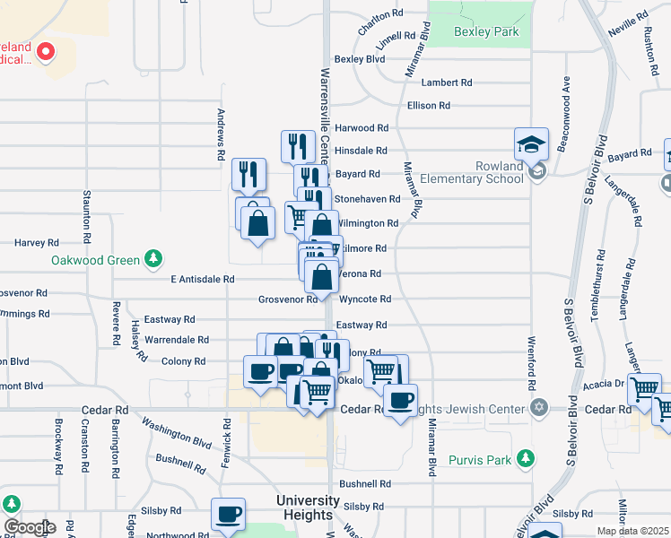 map of restaurants, bars, coffee shops, grocery stores, and more near 4013 Verona Road in South Euclid