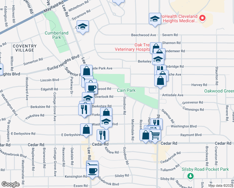 map of restaurants, bars, coffee shops, grocery stores, and more near 14586 Superior Road in Cleveland Heights