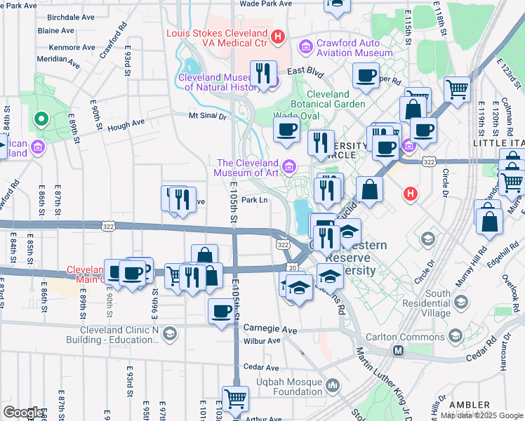 map of restaurants, bars, coffee shops, grocery stores, and more near 1890 East 107th Street in Cleveland