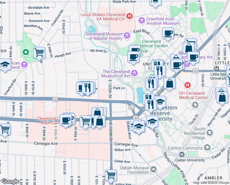 map of restaurants, bars, coffee shops, grocery stores, and more near 10510 Park Lane in Cleveland