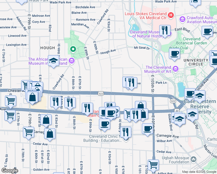 map of restaurants, bars, coffee shops, grocery stores, and more near 1877 East 90th Street in Cleveland