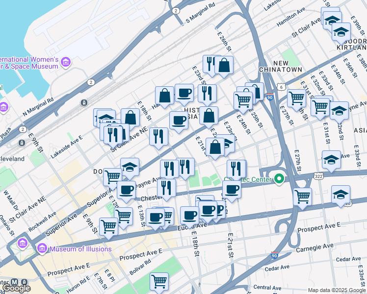 map of restaurants, bars, coffee shops, grocery stores, and more near 1522 East 19th Street in Cleveland