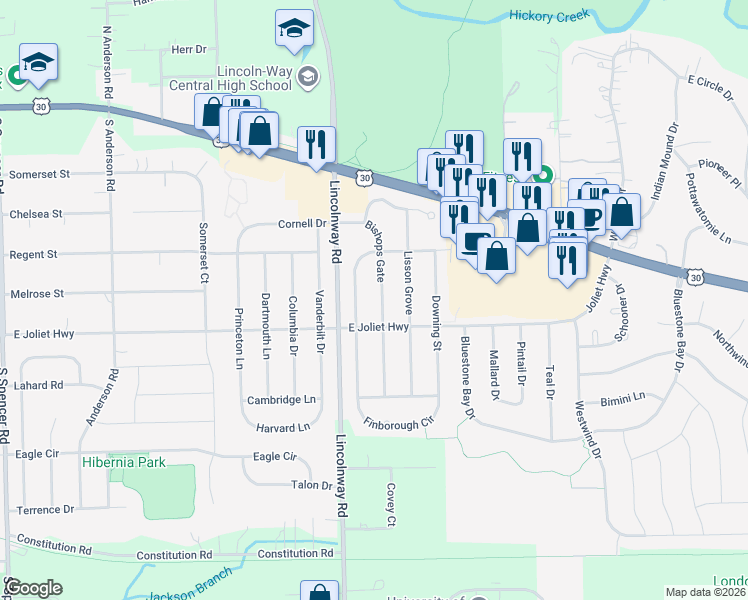 map of restaurants, bars, coffee shops, grocery stores, and more near 661 Bishops Gate in New Lenox