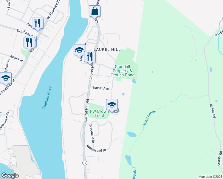 map of restaurants, bars, coffee shops, grocery stores, and more near Crouch Ave in Norwich