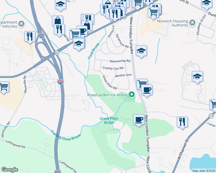 map of restaurants, bars, coffee shops, grocery stores, and more near 2 Fairway Lane in Norwich