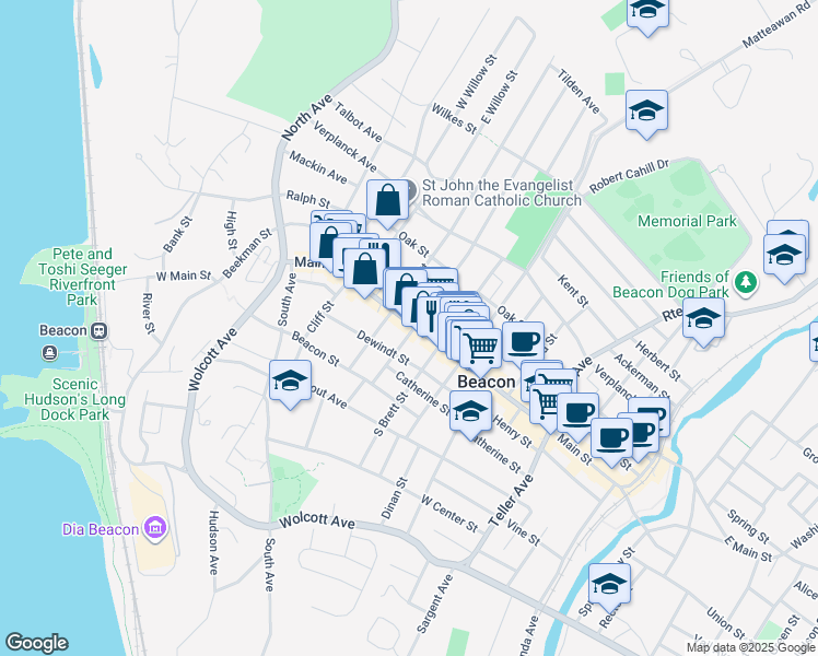 map of restaurants, bars, coffee shops, grocery stores, and more near 267B Main Street in Beacon