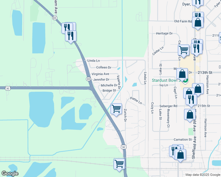 map of restaurants, bars, coffee shops, grocery stores, and more near 812 Bridge Street in Chicago Heights