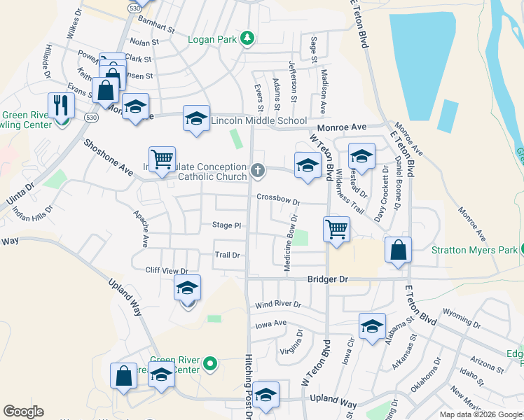 map of restaurants, bars, coffee shops, grocery stores, and more near 1020-1030 Chugwater Drive in Green River