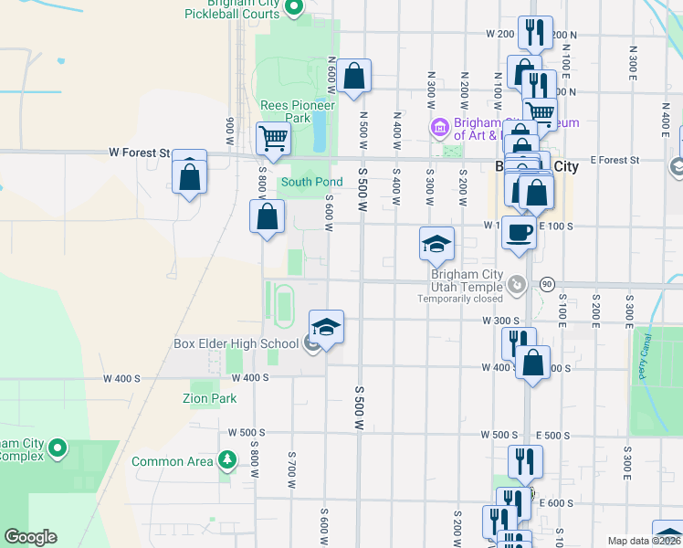 map of restaurants, bars, coffee shops, grocery stores, and more near 196 South 500 West in Brigham City