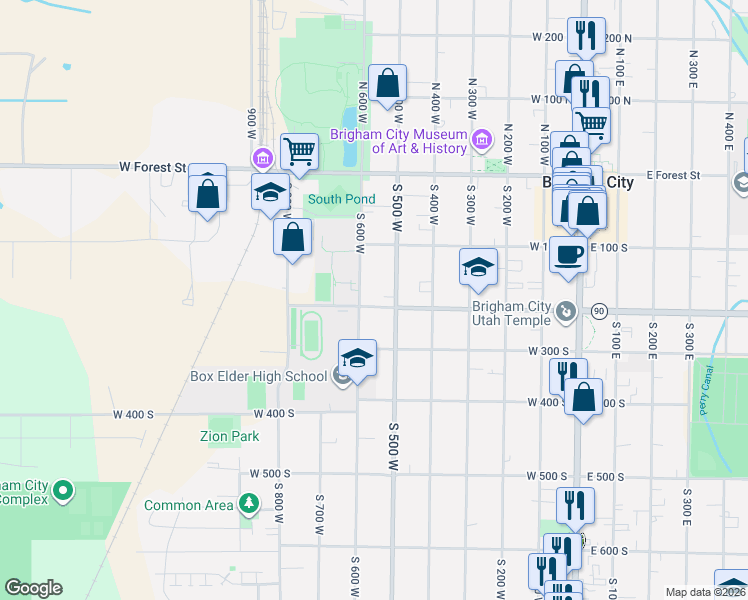 map of restaurants, bars, coffee shops, grocery stores, and more near 526 West 200 South in Brigham City