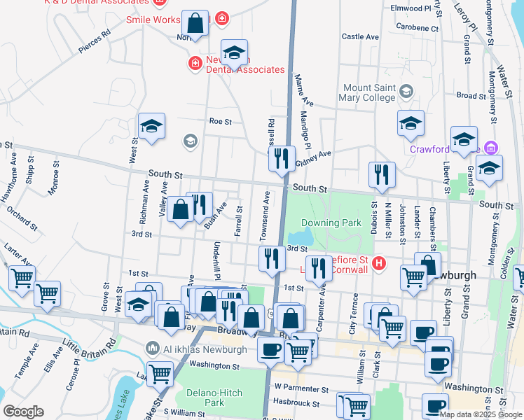 map of restaurants, bars, coffee shops, grocery stores, and more near 51 Townsend Avenue in Newburgh