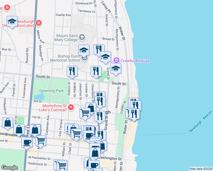 map of restaurants, bars, coffee shops, grocery stores, and more near 197 Grand Street in Newburgh