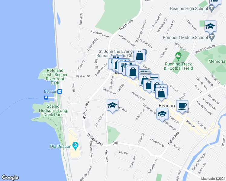 map of restaurants, bars, coffee shops, grocery stores, and more near 30 South Avenue in Beacon