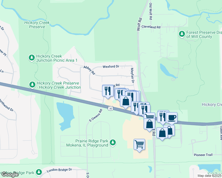map of restaurants, bars, coffee shops, grocery stores, and more near 11346 Stratford Road in Mokena