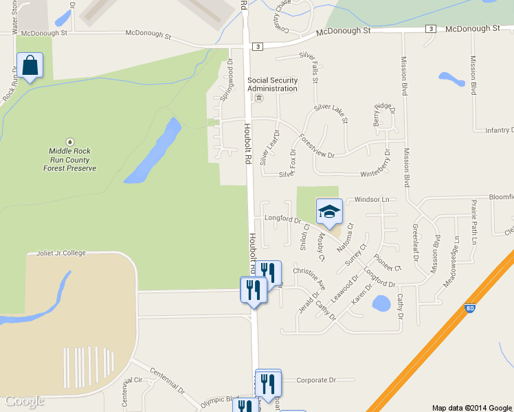 map of restaurants, bars, coffee shops, grocery stores, and more near 839 Copley Lane in Joliet