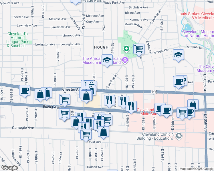 map of restaurants, bars, coffee shops, grocery stores, and more near 1856 Crawford Road in Cleveland
