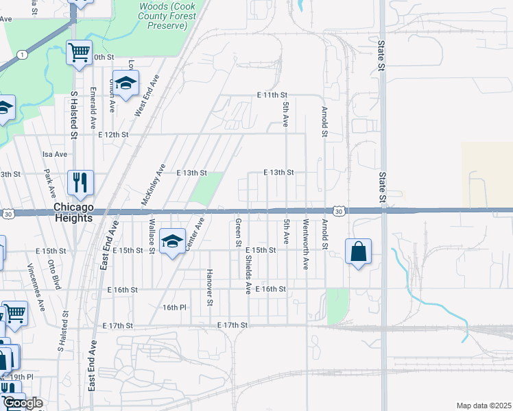 map of restaurants, bars, coffee shops, grocery stores, and more near 1334 Shields Avenue in Chicago Heights