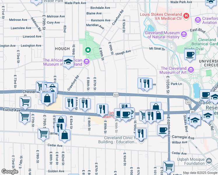 map of restaurants, bars, coffee shops, grocery stores, and more near 1871 East 89th Street in Cleveland