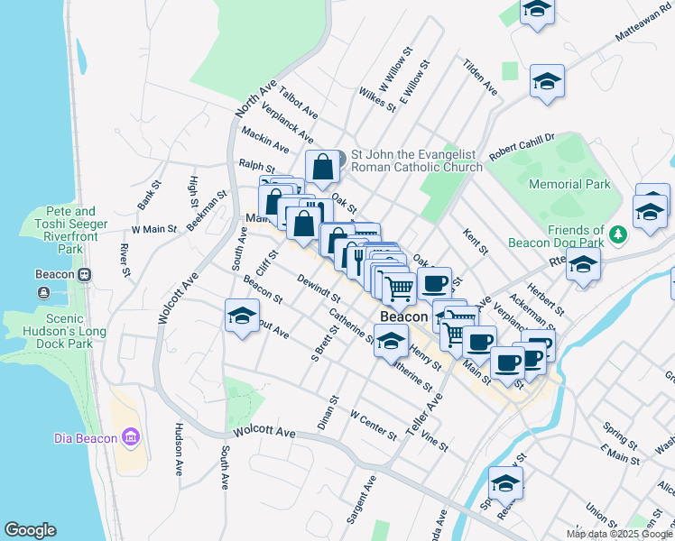 map of restaurants, bars, coffee shops, grocery stores, and more near 267 Main Street in Beacon