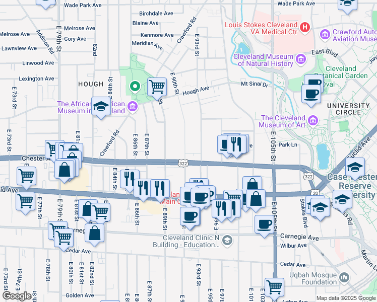 map of restaurants, bars, coffee shops, grocery stores, and more near 1877 East 90th Street in Cleveland