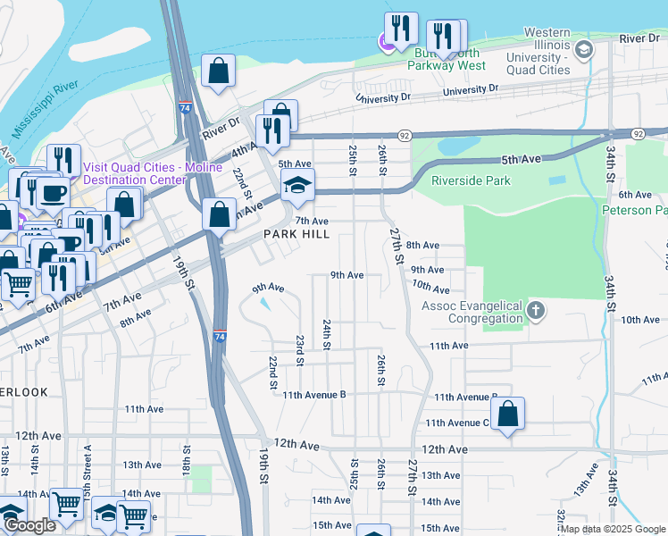 map of restaurants, bars, coffee shops, grocery stores, and more near 2409 9th Avenue in Moline