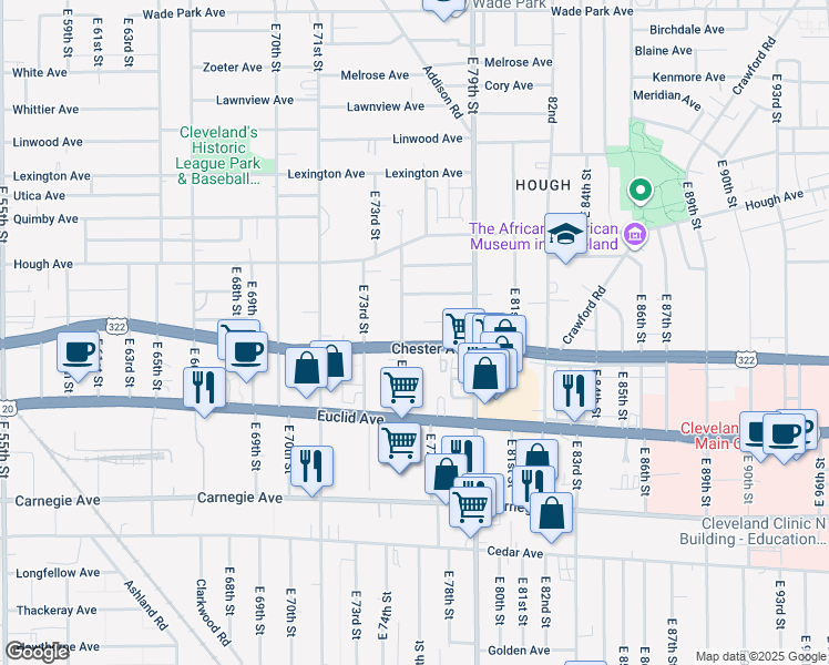 map of restaurants, bars, coffee shops, grocery stores, and more near 1911 East 75th Street in Cleveland