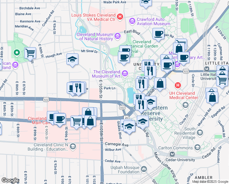 map of restaurants, bars, coffee shops, grocery stores, and more near 1890 East 107th Street in Cleveland