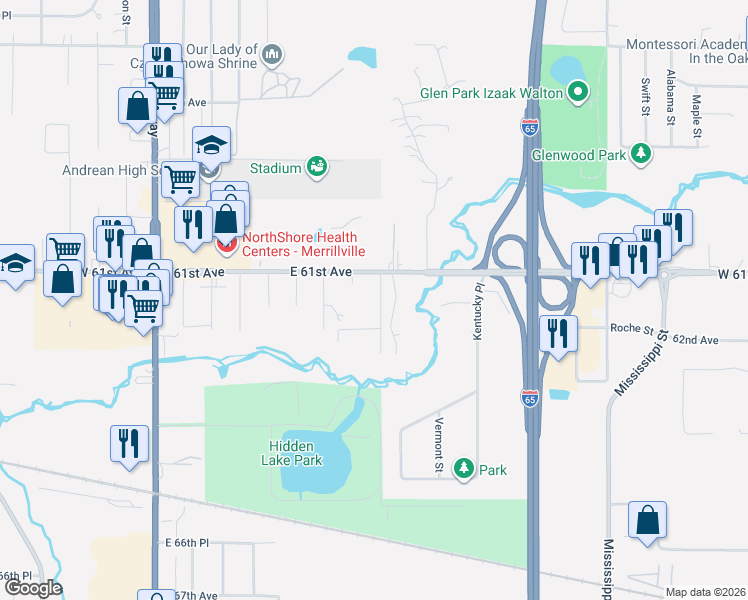 map of restaurants, bars, coffee shops, grocery stores, and more near 6130 Georgia Street in Merrillville