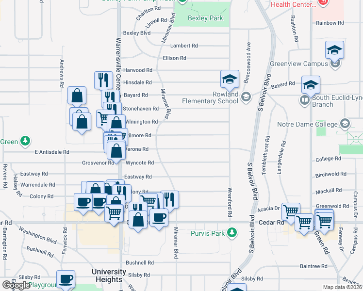 map of restaurants, bars, coffee shops, grocery stores, and more near 4141 Verona Road in South Euclid