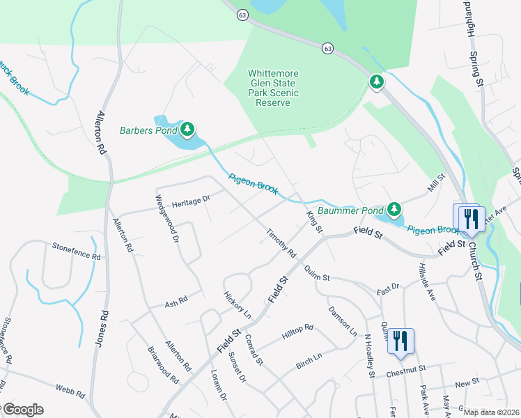 map of restaurants, bars, coffee shops, grocery stores, and more near 63 Partridgetown Road in Naugatuck