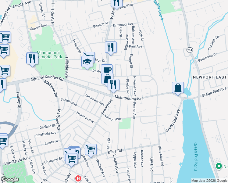 map of restaurants, bars, coffee shops, grocery stores, and more near 31 West Main Road in Middletown