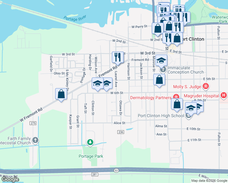 map of restaurants, bars, coffee shops, grocery stores, and more near 530 Laurel Ave in Port Clinton