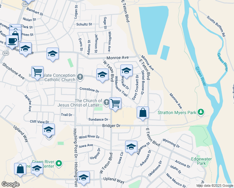 map of restaurants, bars, coffee shops, grocery stores, and more near 2220 Cumorah Way in Green River